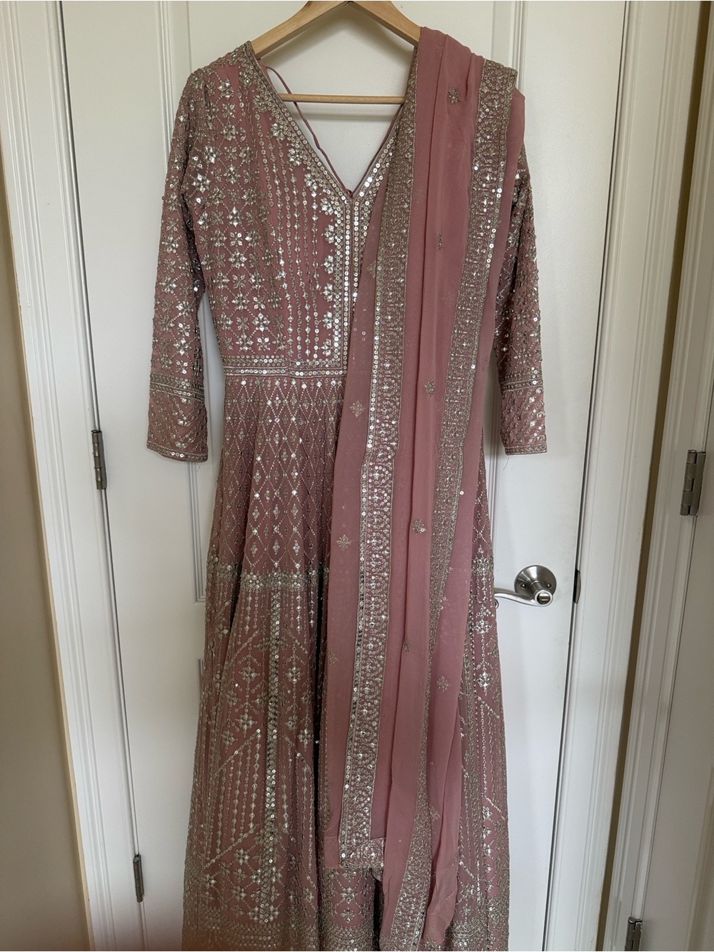 Embellished Dusty Rose Anarkali with V-Neck